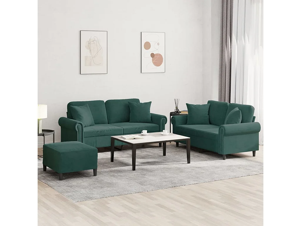 3 pcs conjunto de sofás com almofadas veludo verde-escuro