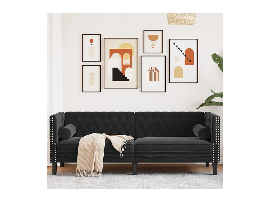 Canapé Chesterfield avec traversins 3 places noir velours
