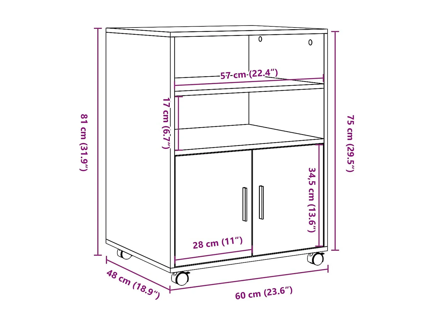 Mobiletto con Ruote Bianco 60x48x81 cm in Truciolato