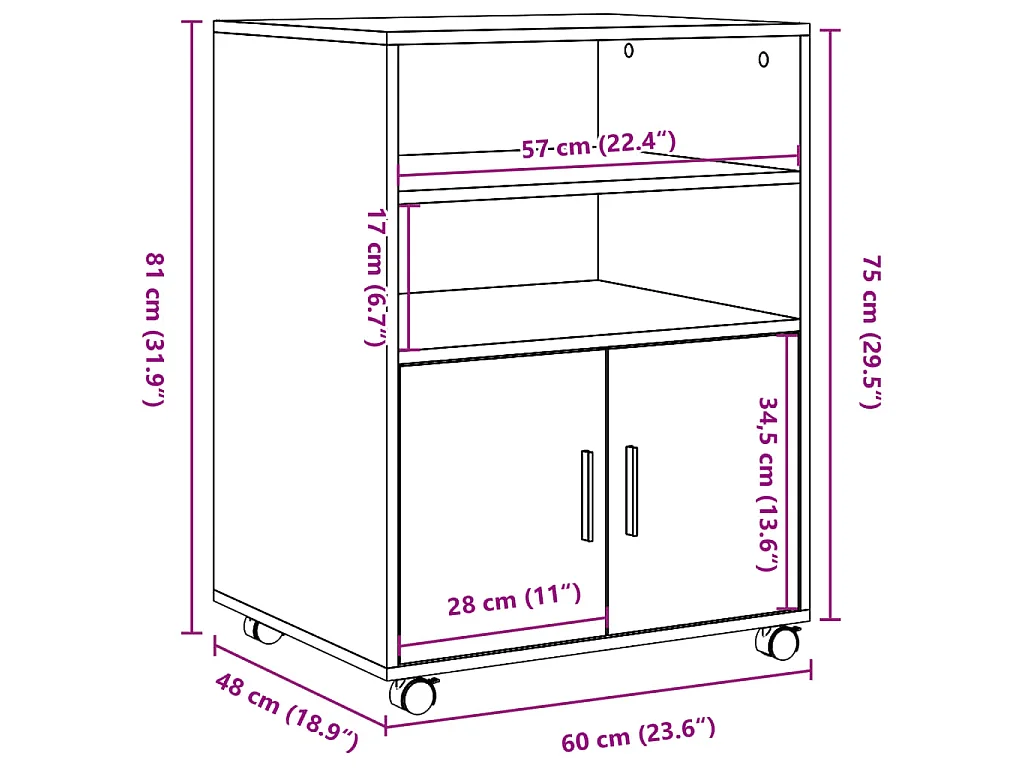 Mobiletto con Ruote Legno Antico 60x48x81 cm in Truciolato