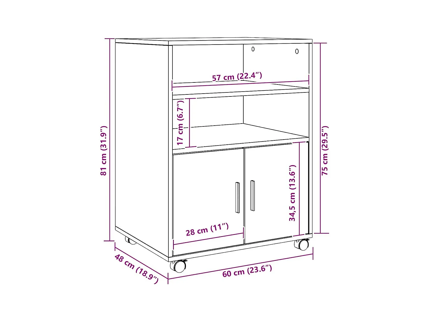 Armoire à roulettes chêne artisanal 60x48x81 cm bois ingénierie