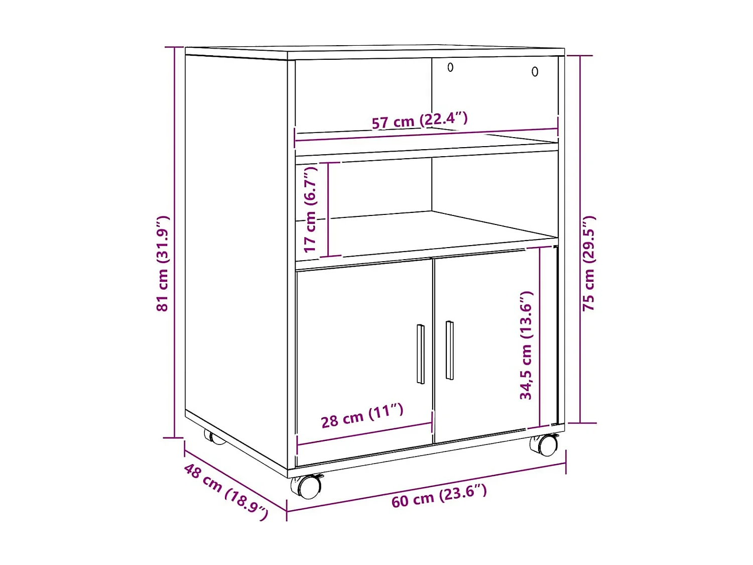 Armoire à roulettes chêne artisanal 60x48x81 cm bois ingénierie