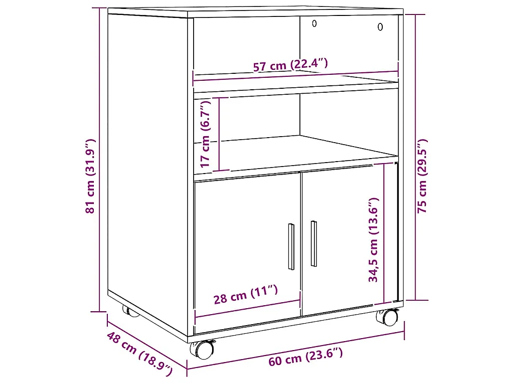 Armoire à roulettes chêne artisanal 60x48x81 cm bois ingénierie