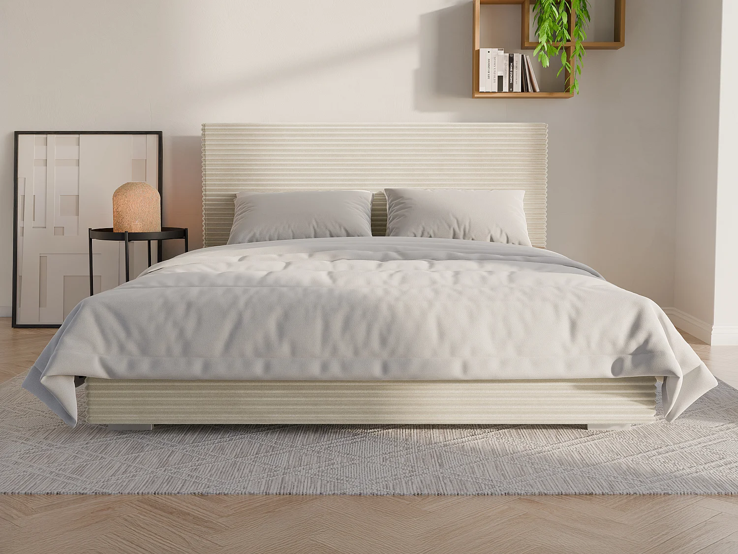 Bed met opbergruimte 160 x 200 cm - Ribfluweel - Beige + matras - RAMELI van Pascal Morabito