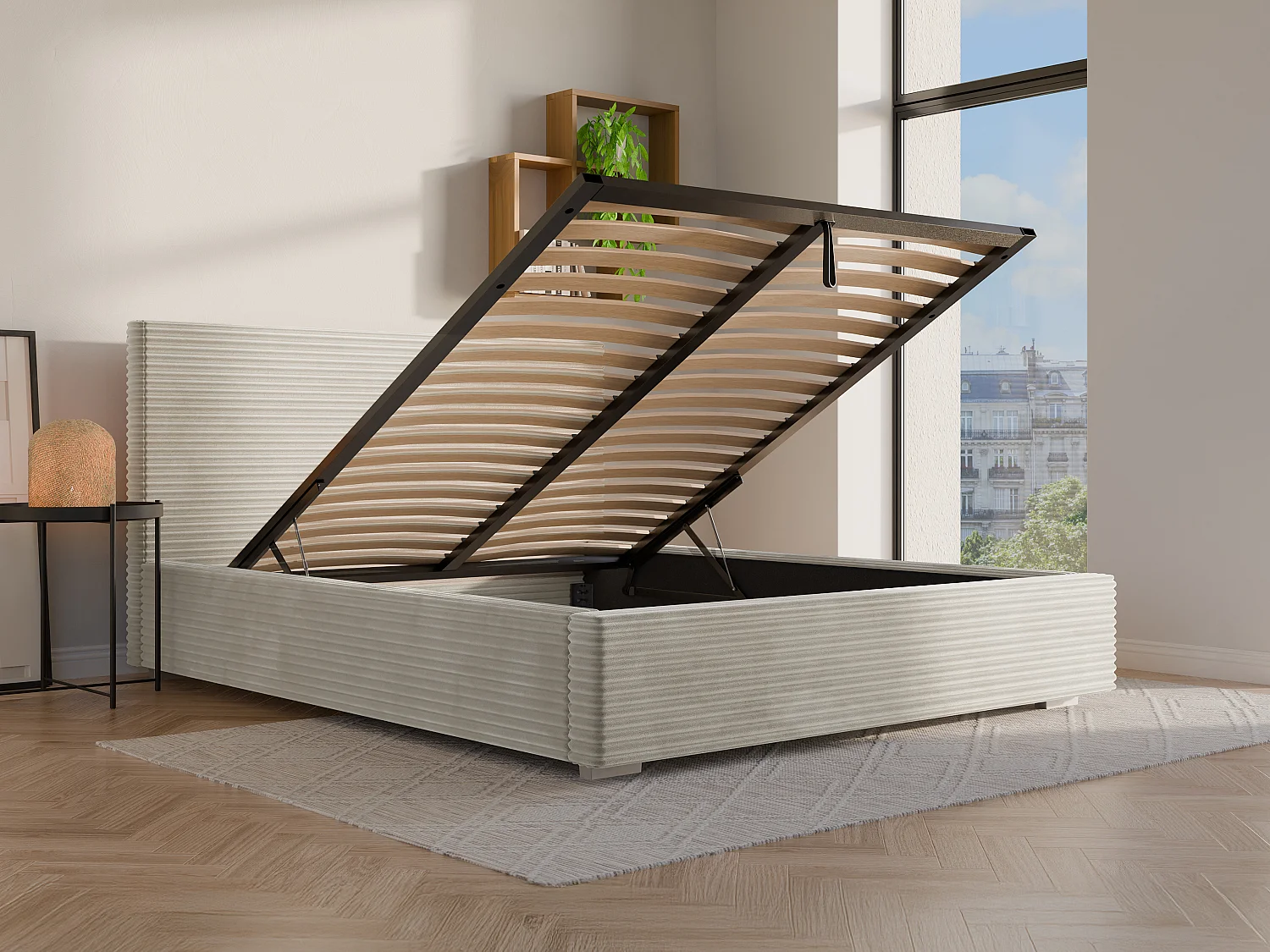 Bed met opbergruimte 160 x 200 cm - Ribfluweel - Beige + matras - RAMELI van Pascal Morabito