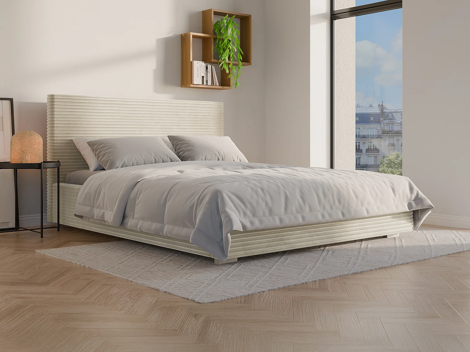 Bed met opbergruimte 160 x 200 cm - Ribfluweel - Beige + matras - RAMELI van Pascal Morabito