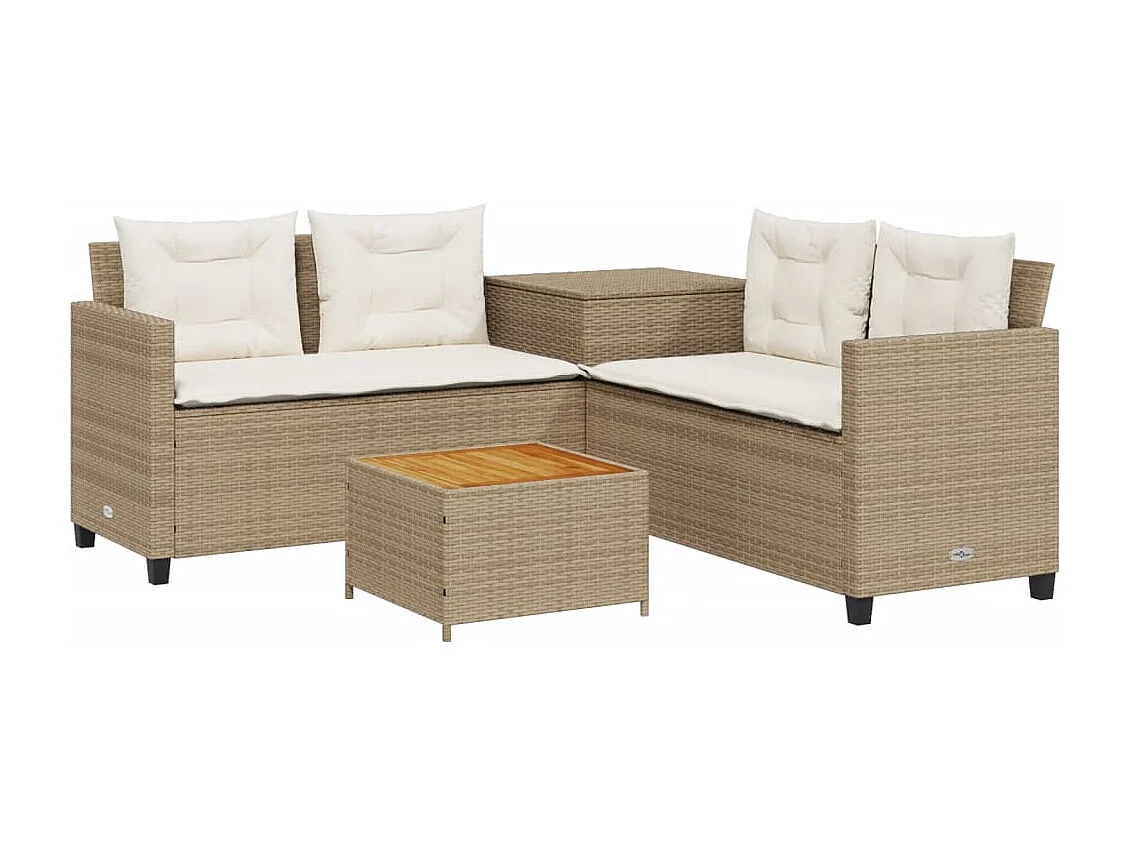 Sofá de jardim forma de L c/ mesa e almofadões vime PE bege