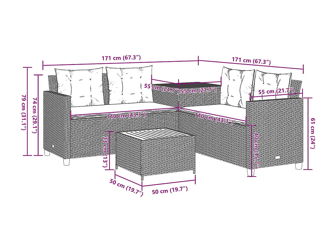 Sofá de jardim forma de L c/ mesa e almofadões vime PE bege