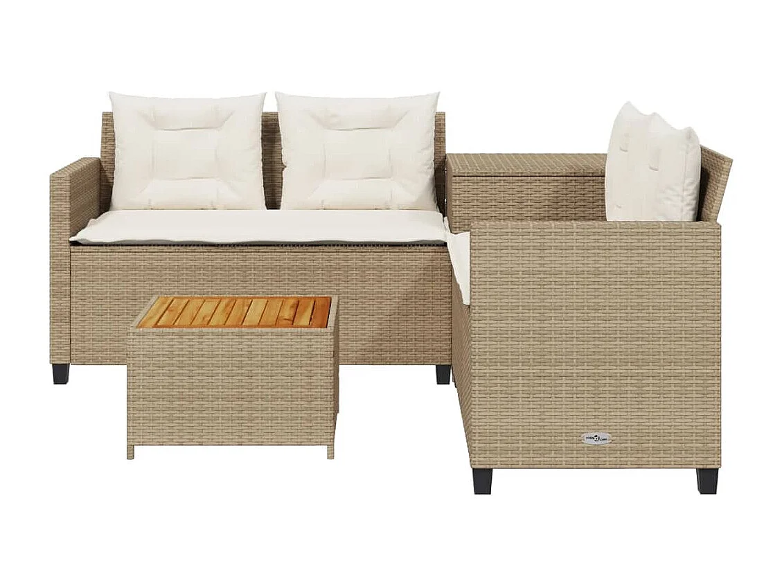 Sofá de jardim forma de L c/ mesa e almofadões vime PE bege