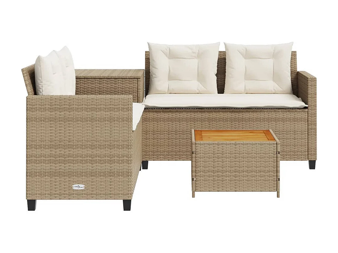 Sofá de jardim forma de L c/ mesa e almofadões vime PE bege