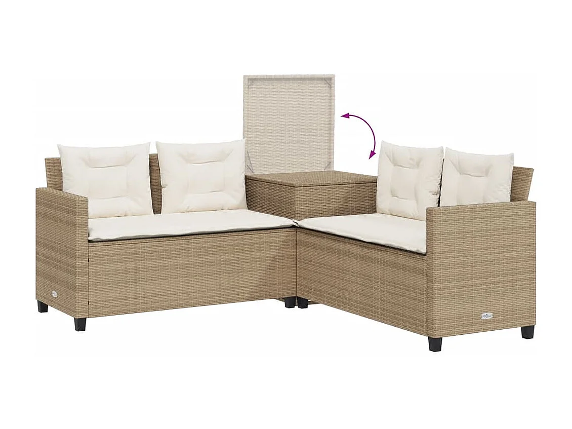 Sofá de jardim forma de L c/ mesa e almofadões vime PE bege