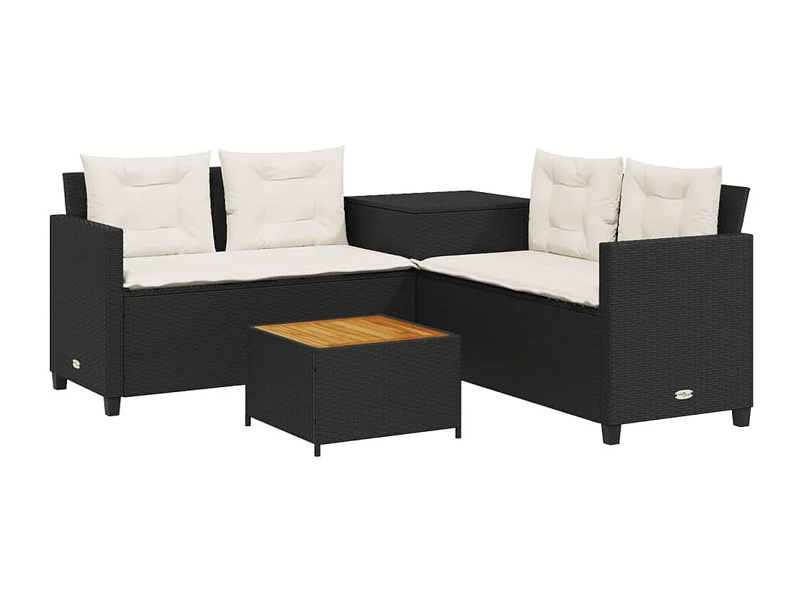 Gartensofa in L-Form mit Tisch und Kissen Schwarz Poly Rattan
