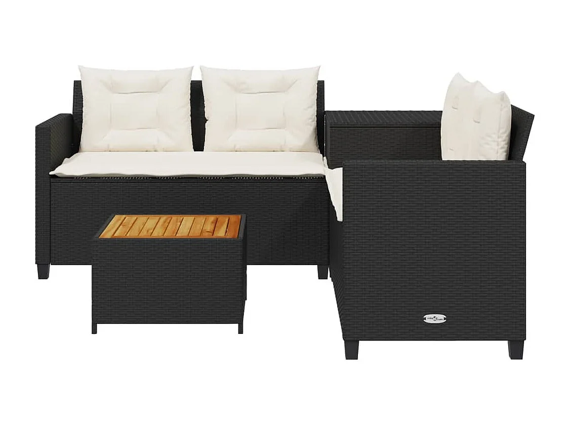 Gartensofa in L-Form mit Tisch und Kissen Schwarz Poly Rattan
