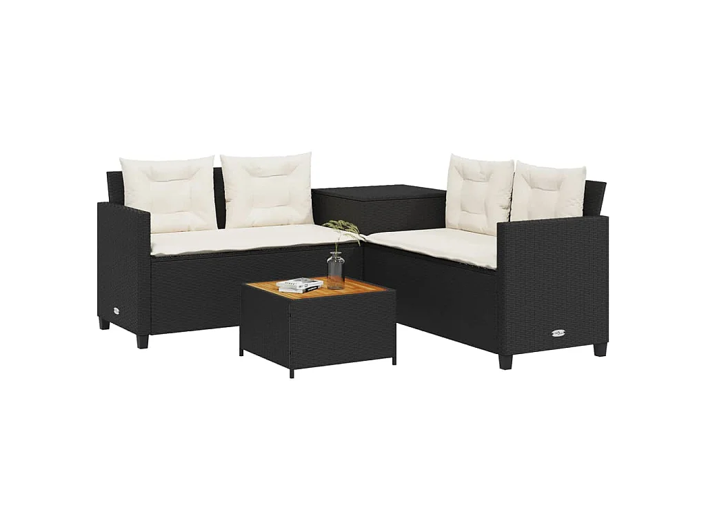 Gartensofa in L-Form mit Tisch und Kissen Schwarz Poly Rattan