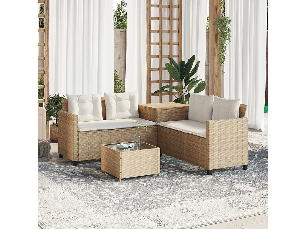 Tuinbank met tafel en kussens L-vormig poly rattan beige