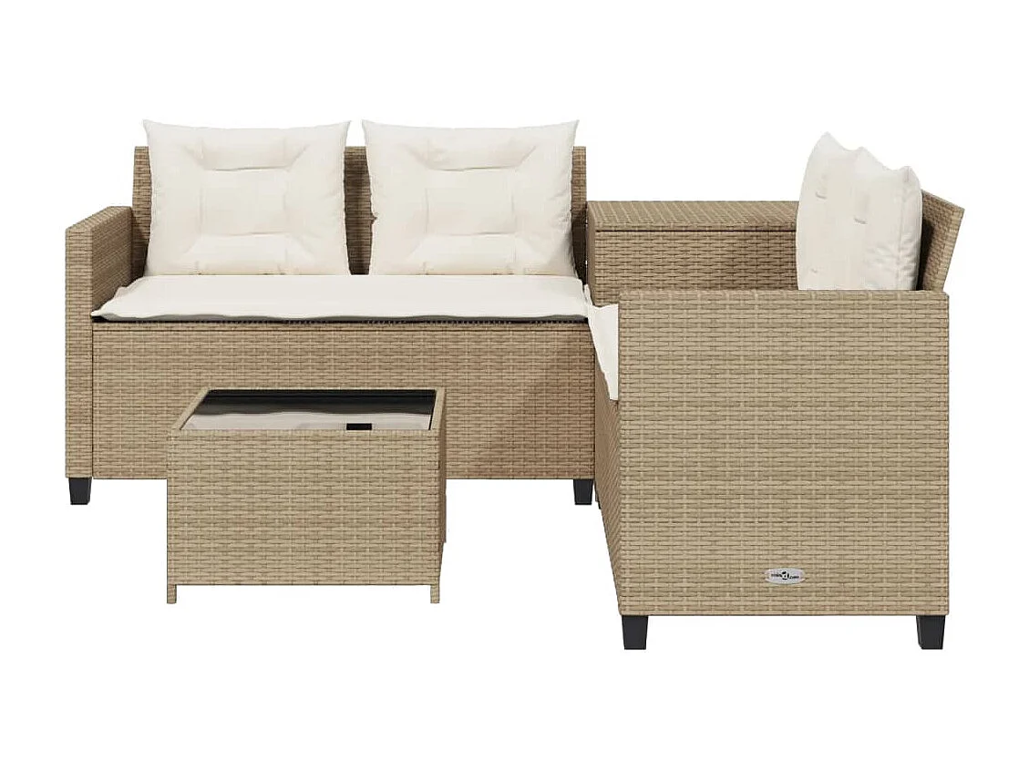 Tuinbank met tafel en kussens L-vormig poly rattan beige