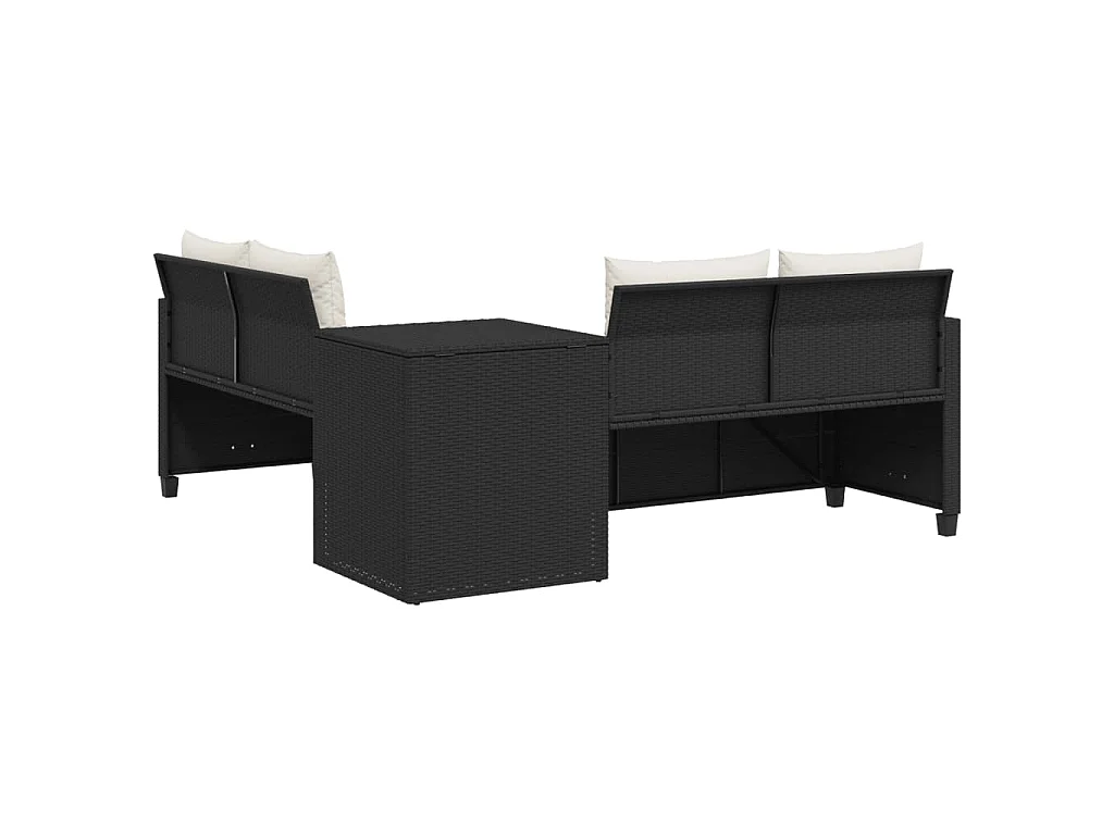Sofá de jardín en forma de L con mesa y cojines ratán PE negro