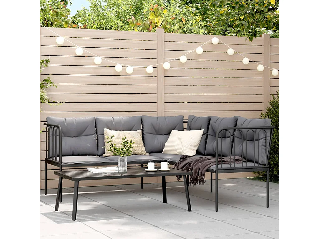 Garten-Sofagarnitur mit Kissen Schwarz Stahl und Textilene