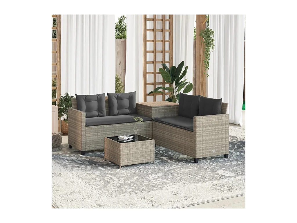 Gartensofa in L-Form mit Tisch und Kissen Hellgrau Poly Rattan