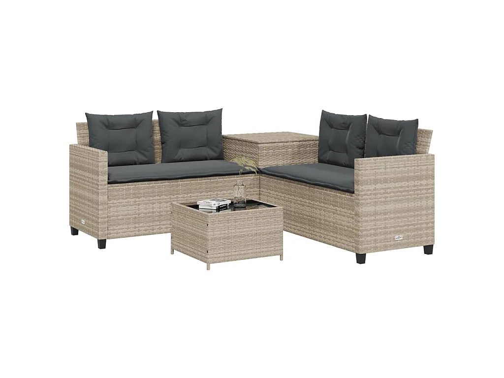 Tuinbank met tafel en kussens L-vormig poly rattan lichtgrijs