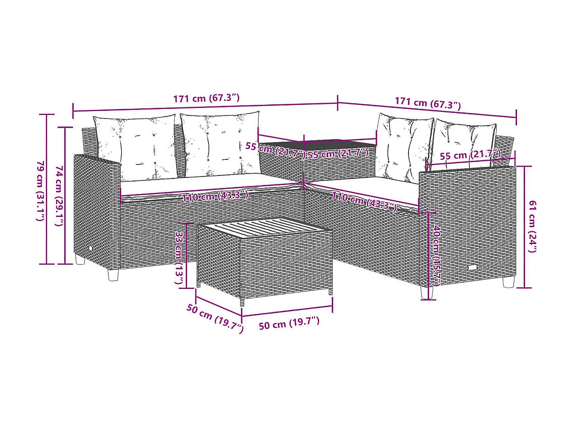 Sofá de jardim forma de L c/ mesa e almofadões vime PE cinzento