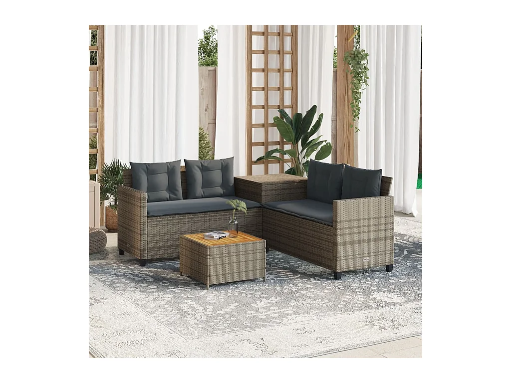 Canapé de jardin avec table et coussins en forme de L gris