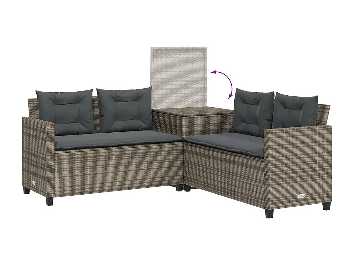 Canapé de jardin avec table et coussins en forme de L gris