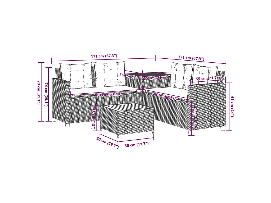Tuinbank met tafel en kussens L-vormig poly rattan grijs