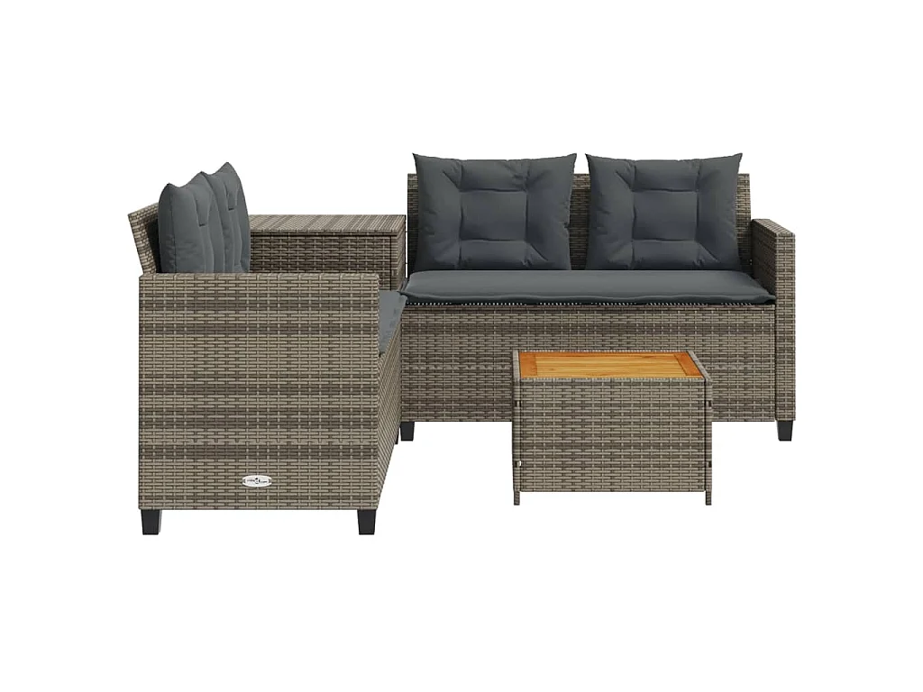 Tuinbank met tafel en kussens L-vormig poly rattan grijs