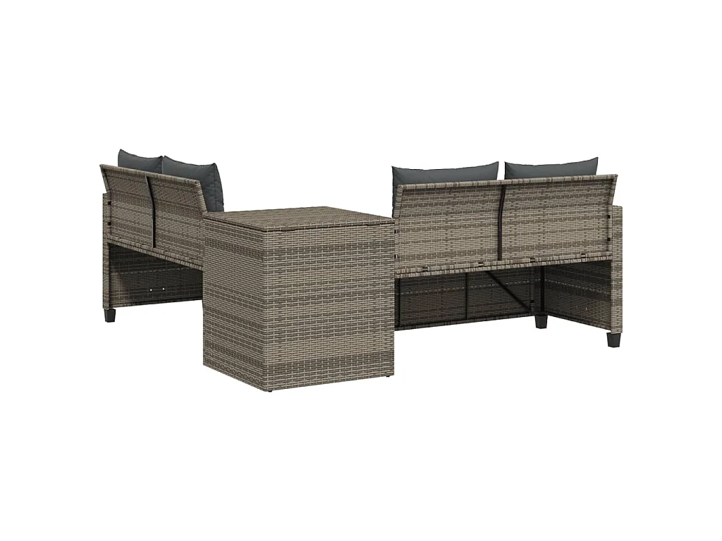 Tuinbank met tafel en kussens L-vormig poly rattan grijs