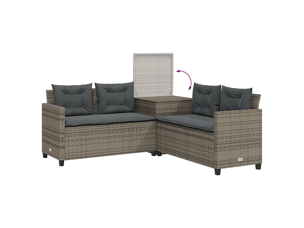 Tuinbank met tafel en kussens L-vormig poly rattan grijs
