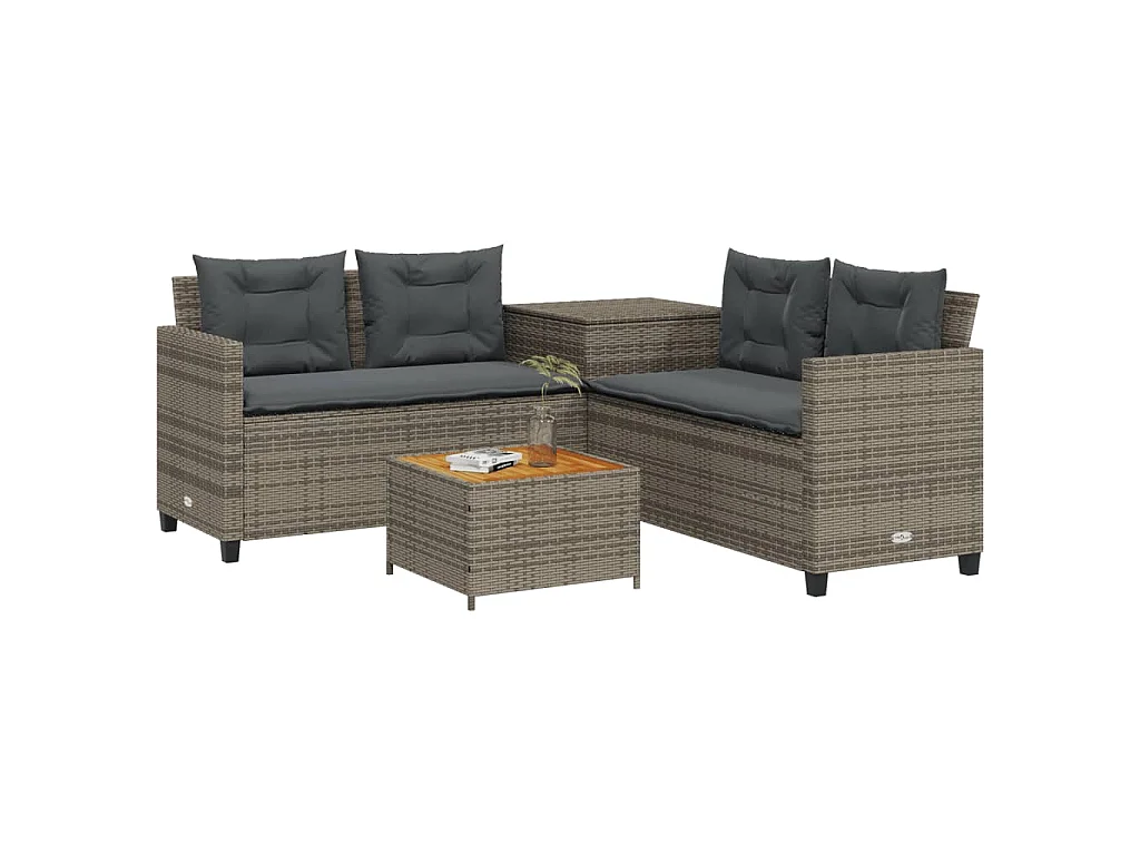 Tuinbank met tafel en kussens L-vormig poly rattan grijs
