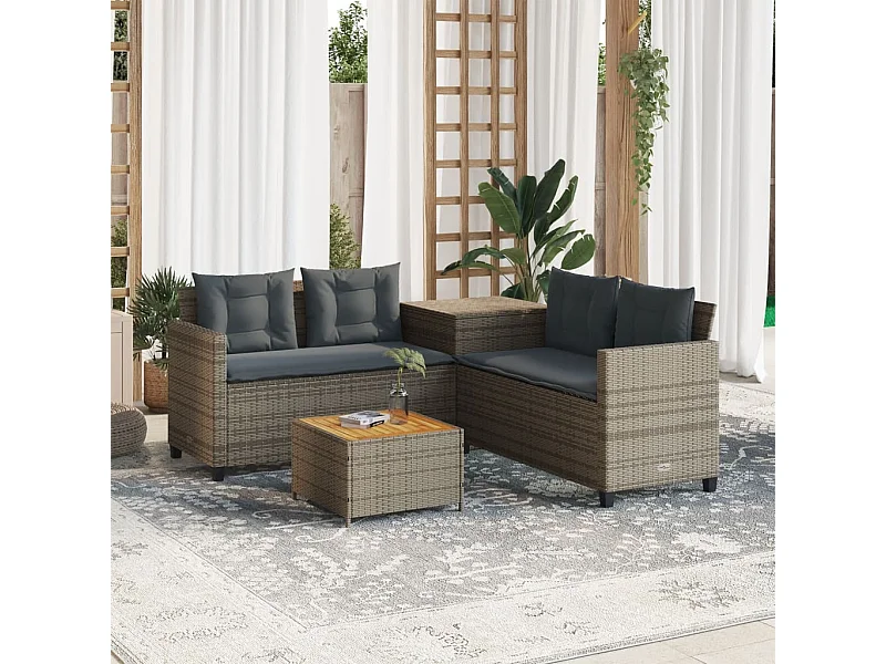 Gartensofa in L-Form mit Tisch und Kissen Grau Poly Rattan