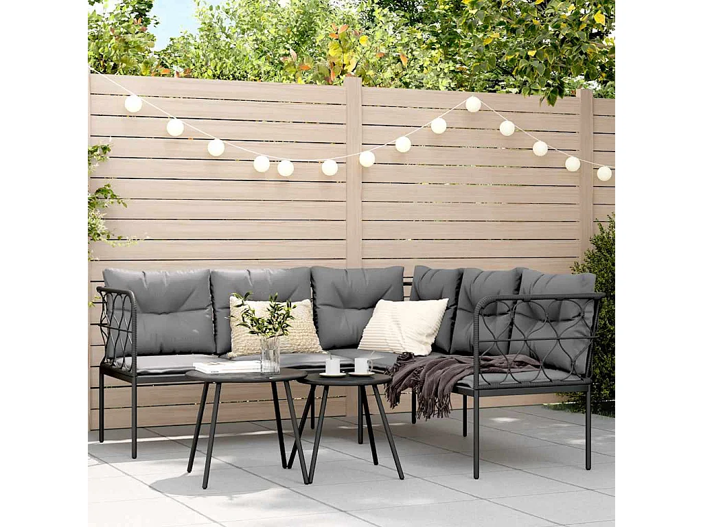 Garten-Sofagarnitur mit Kissen Schwarz Stahl und Textilene