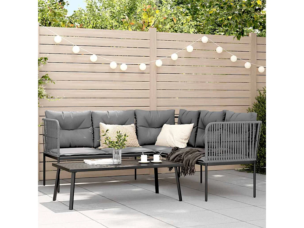Set Divano da Giardino con Cuscini Nero Acciaio e Textilene