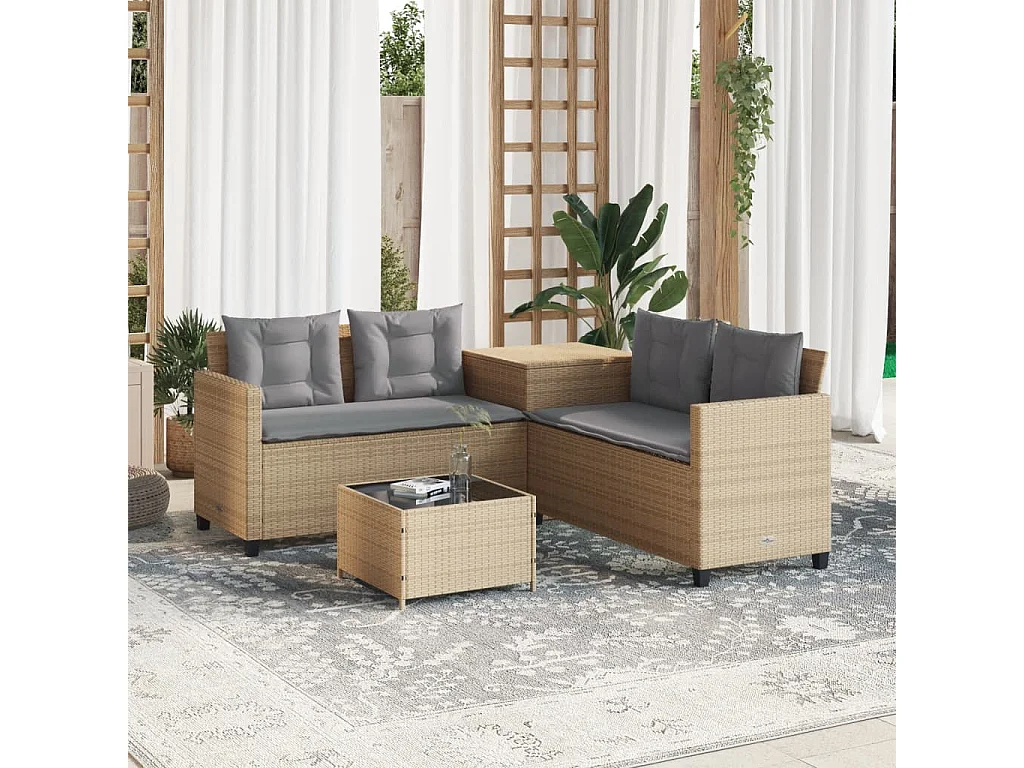 Canapé de jardin avec table et coussins en forme de L beige