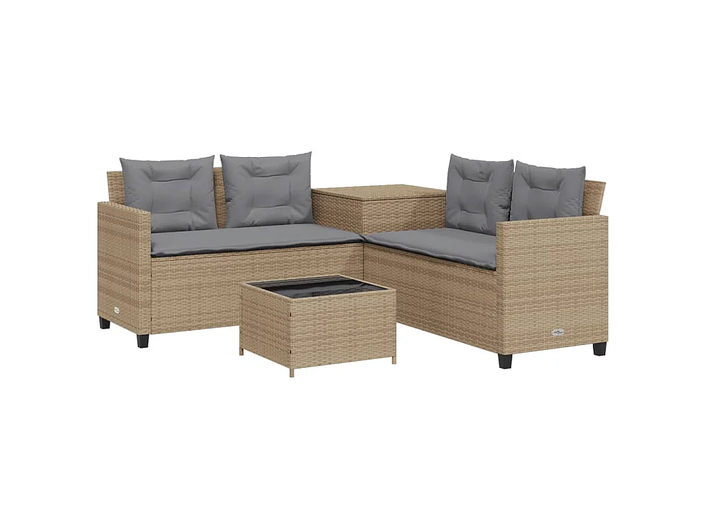 Gartensofa in L-Form mit Tisch und Kissen Beige Poly Rattan
