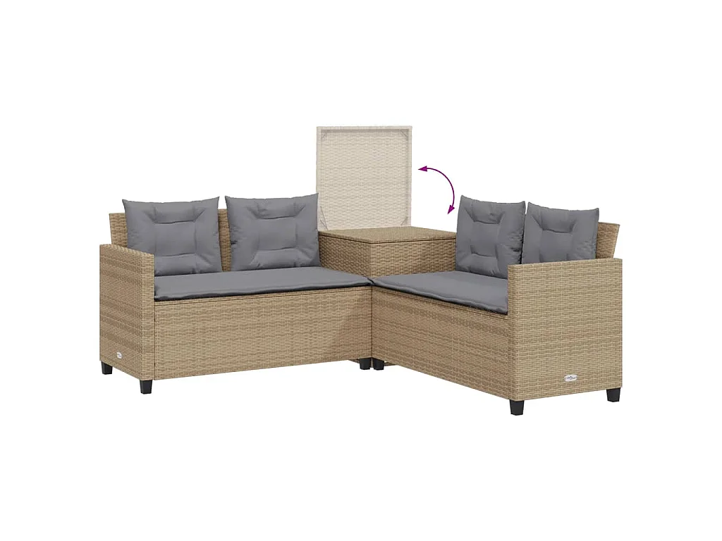 Gartensofa in L-Form mit Tisch und Kissen Beige Poly Rattan