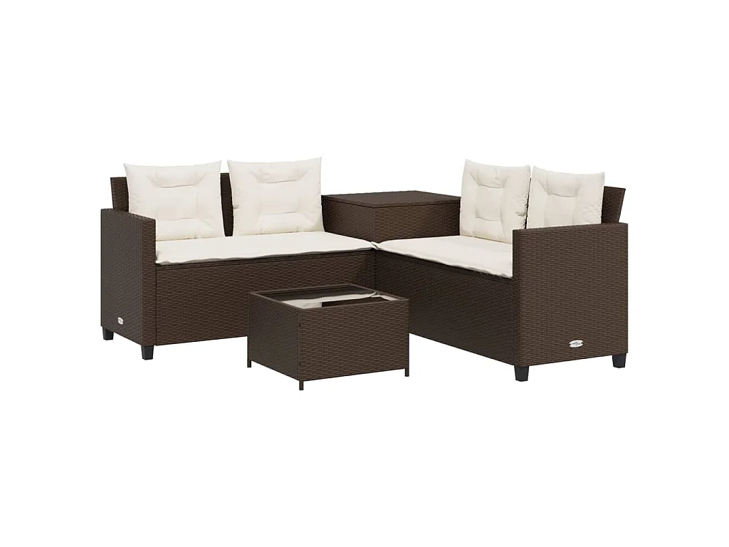 Tuinbank met tafel en kussens L-vormig poly rattan bruin