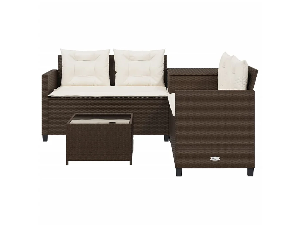 Tuinbank met tafel en kussens L-vormig poly rattan bruin
