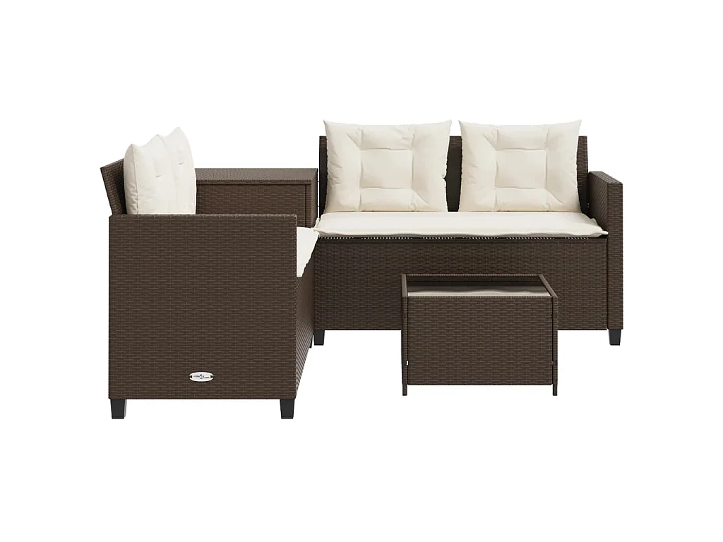 Tuinbank met tafel en kussens L-vormig poly rattan bruin
