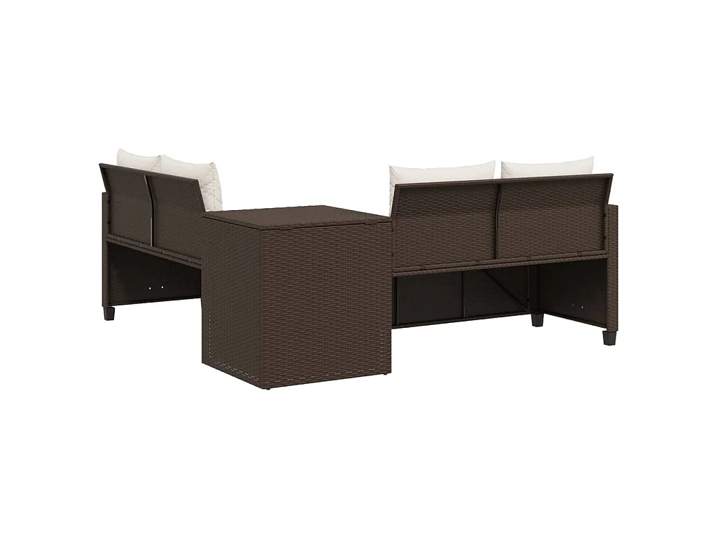 Tuinbank met tafel en kussens L-vormig poly rattan bruin