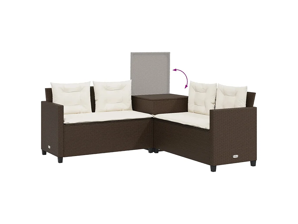 Tuinbank met tafel en kussens L-vormig poly rattan bruin