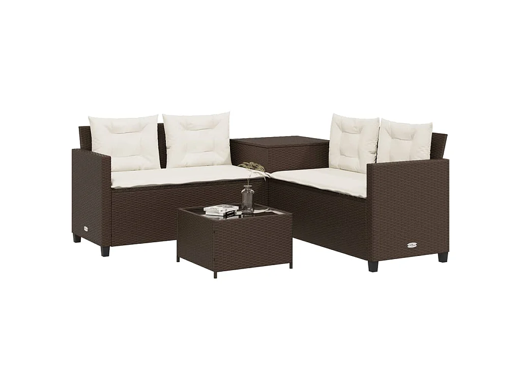 Gartensofa in L-Form mit Tisch und Kissen Braun Poly Rattan