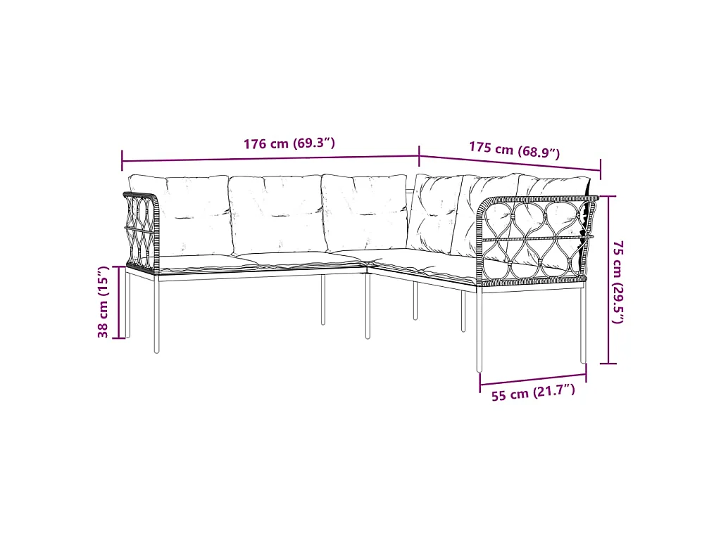Garten-Sofagarnitur mit Kissen Schwarz Stahl und Textilene