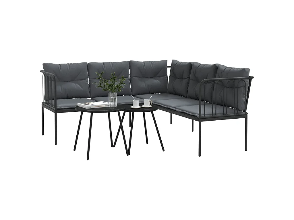 Garten-Sofagarnitur mit Kissen Schwarz Stahl und Textilene