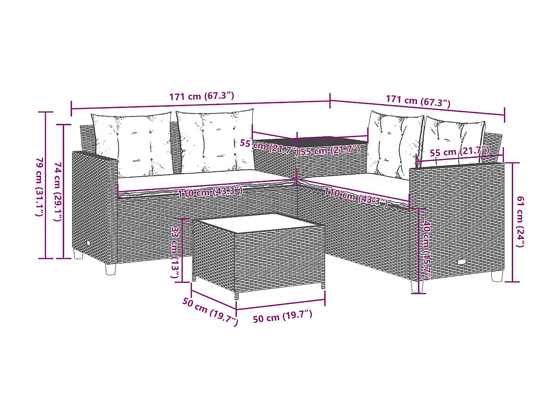 Canapé de jardin avec table et coussins en forme de L gris