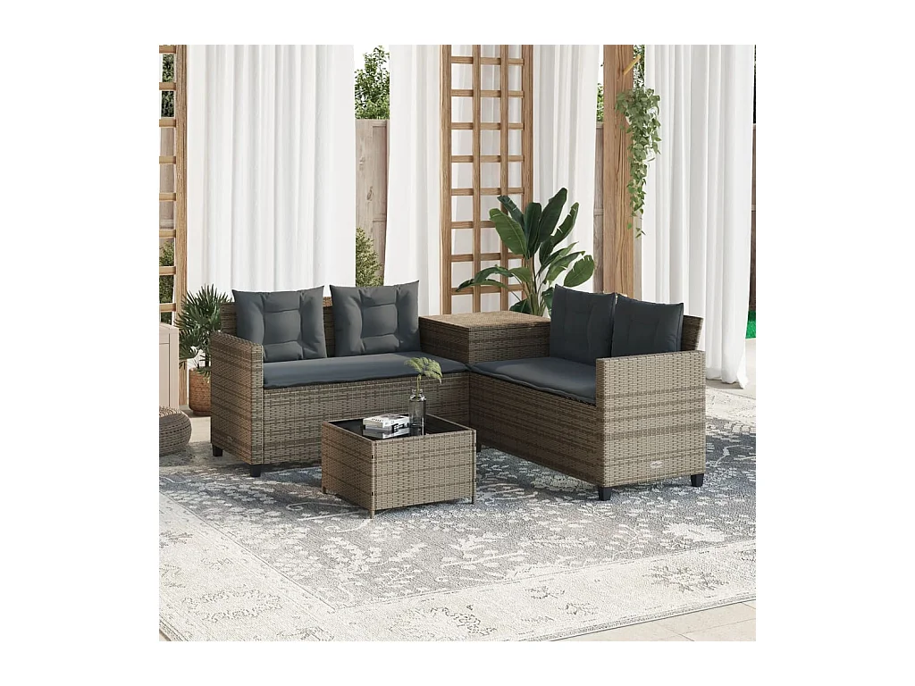 Canapé de jardin avec table et coussins en forme de L gris