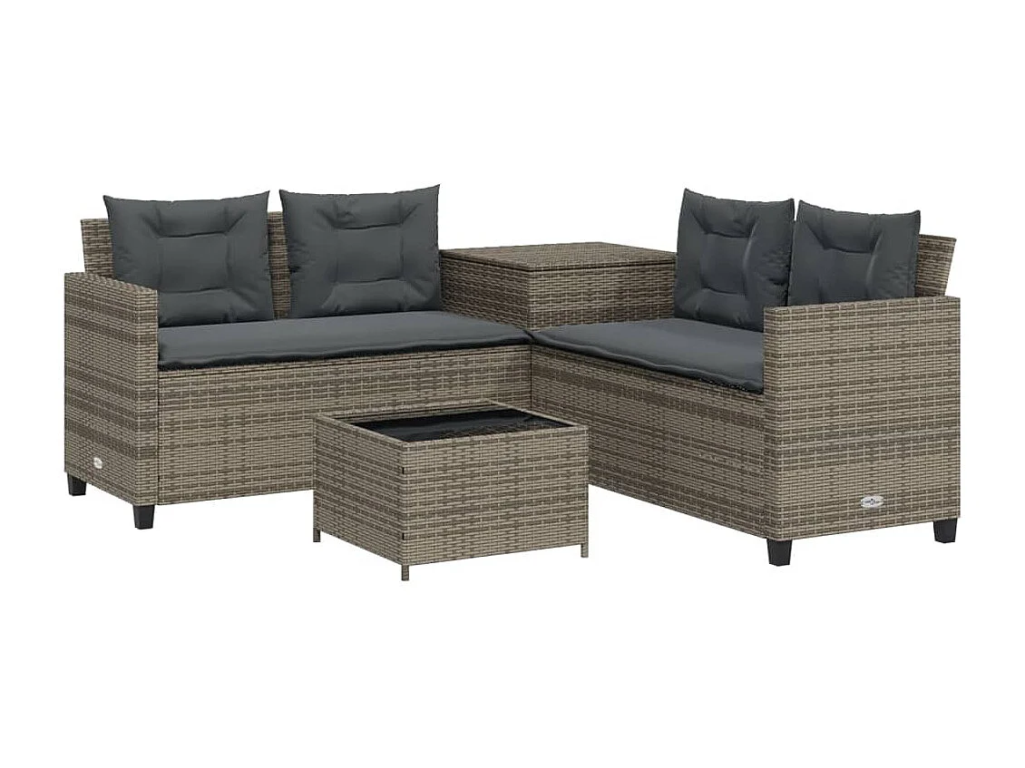 Gartensofa in L-Form mit Tisch und Kissen Grau Poly Rattan