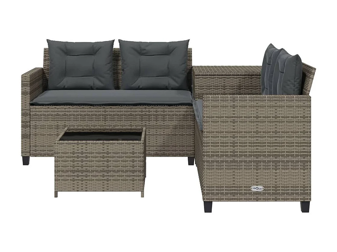 Gartensofa in L-Form mit Tisch und Kissen Grau Poly Rattan
